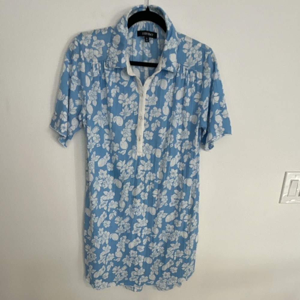 Ellen Tracy Blue White Floral Short Sleeve Nightgown Sleep Dress Small Pockets‎